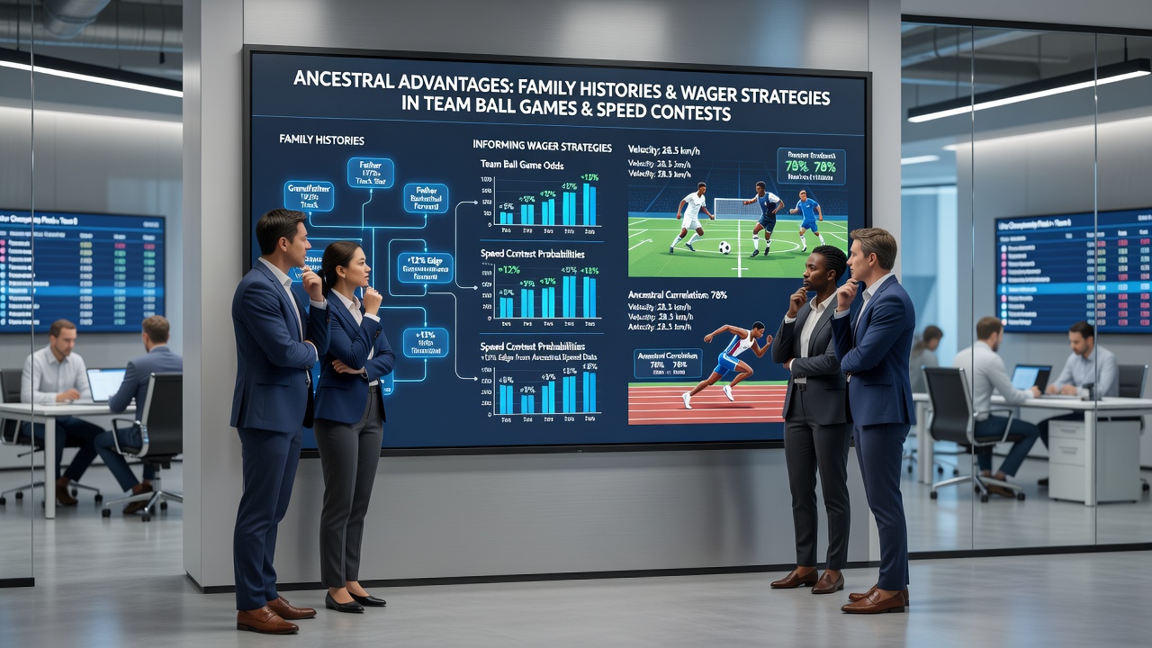 Tennis player reviewing family performance data alongside racehorse pedigree charts and football team statistics