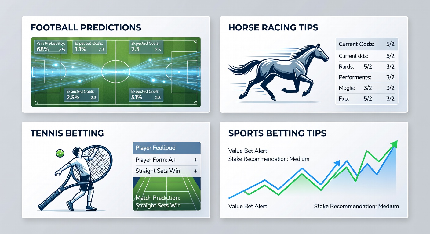 Tennis player launches a powerful serve under stadium lights, football formation diagram highlights key positions, and a close-up of jockeys maneuvering from starting stalls in a high-stakes race