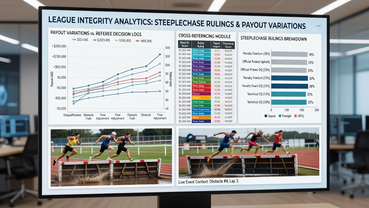 Stewards examining steeplechase footage while reviewing payout adjustment records