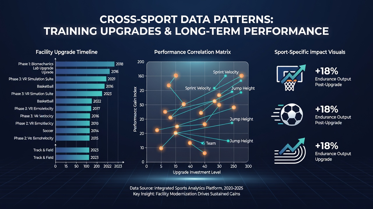 Performance data charts linking facility improvements to results in multiple sports