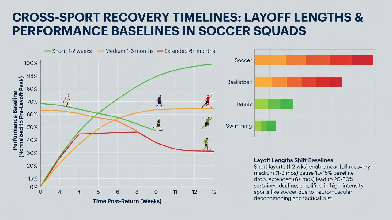 Detailed charts comparing performance recovery curves for soccer, thoroughbred racing, and tennis after different layoff lengths