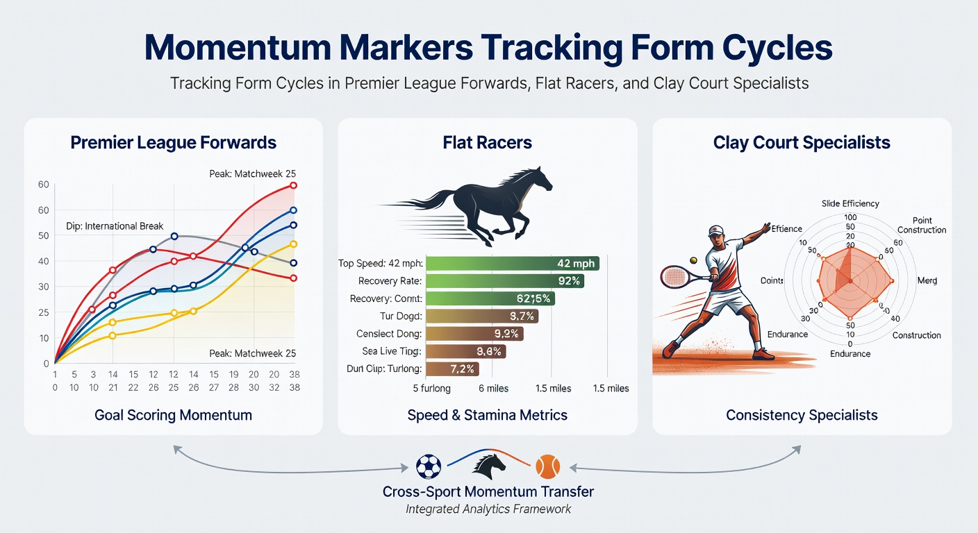 Graph overlay comparing form cycle peaks for a Premier League striker's goals, a flat racer's speed figures, and a clay court tennis player's win streaks over recent months