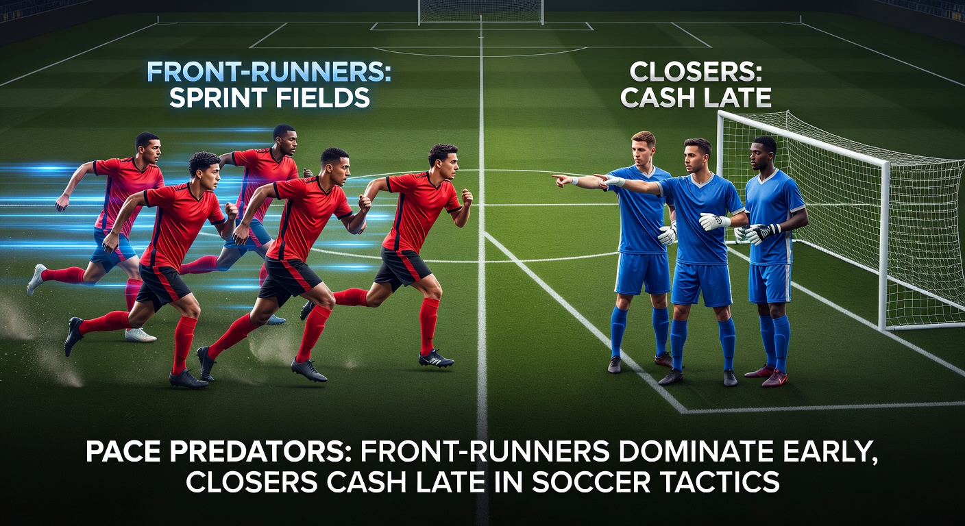 Close-up action shots of a horse closing from behind in a sprint, a soccer striker celebrating a late equalizer, and a tennis player rallying back to win a tight set