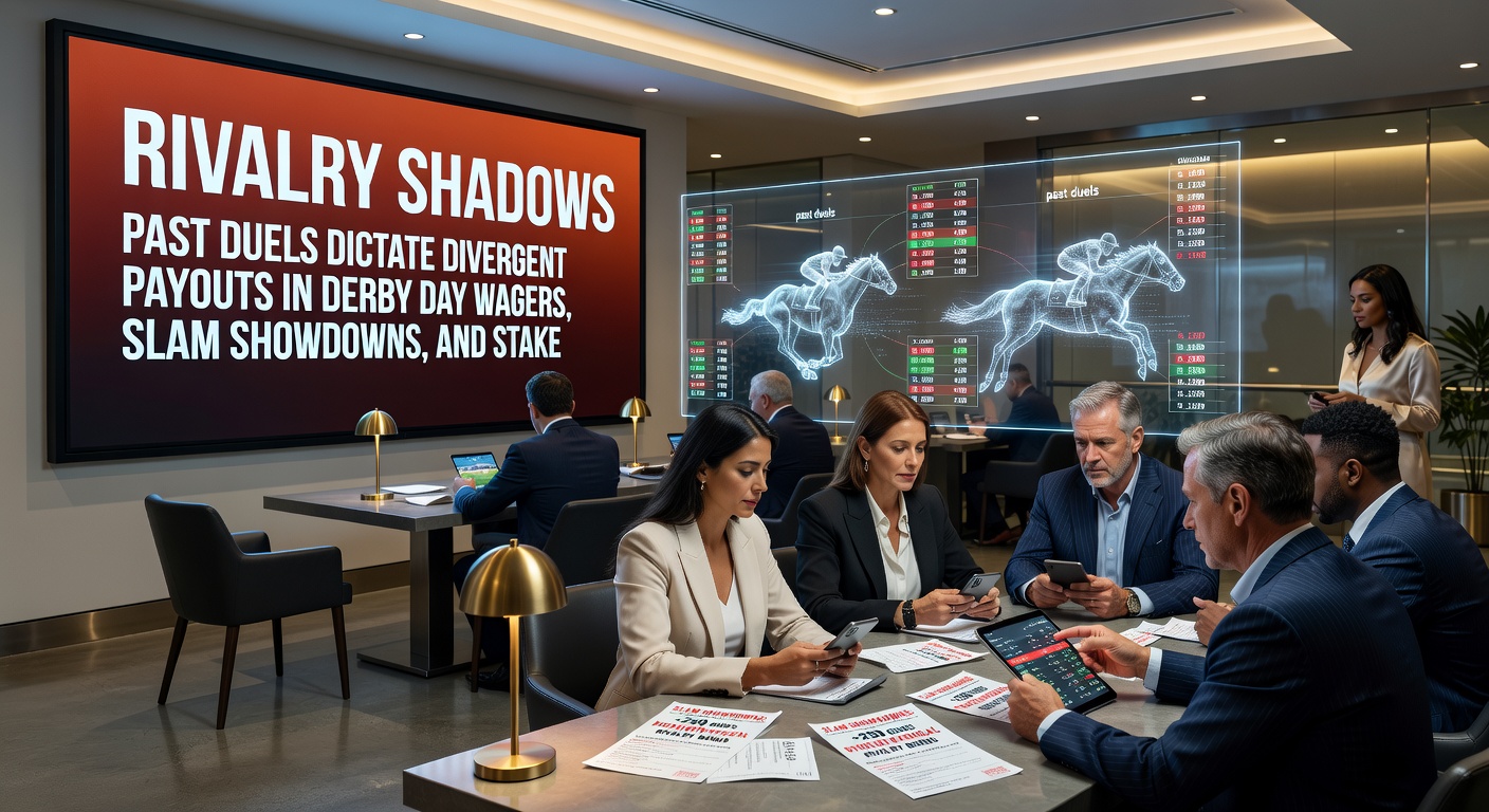 A pair of champion thoroughbreds neck-and-neck in a high-stakes showcase race, evoking the tension of past rivalry duels that influence betting payouts