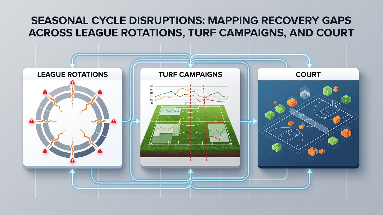 Diagram illustrating overlapping recovery timelines between August 2026 football fixtures, turf race meetings, and tennis tournaments with highlighted gap intervals