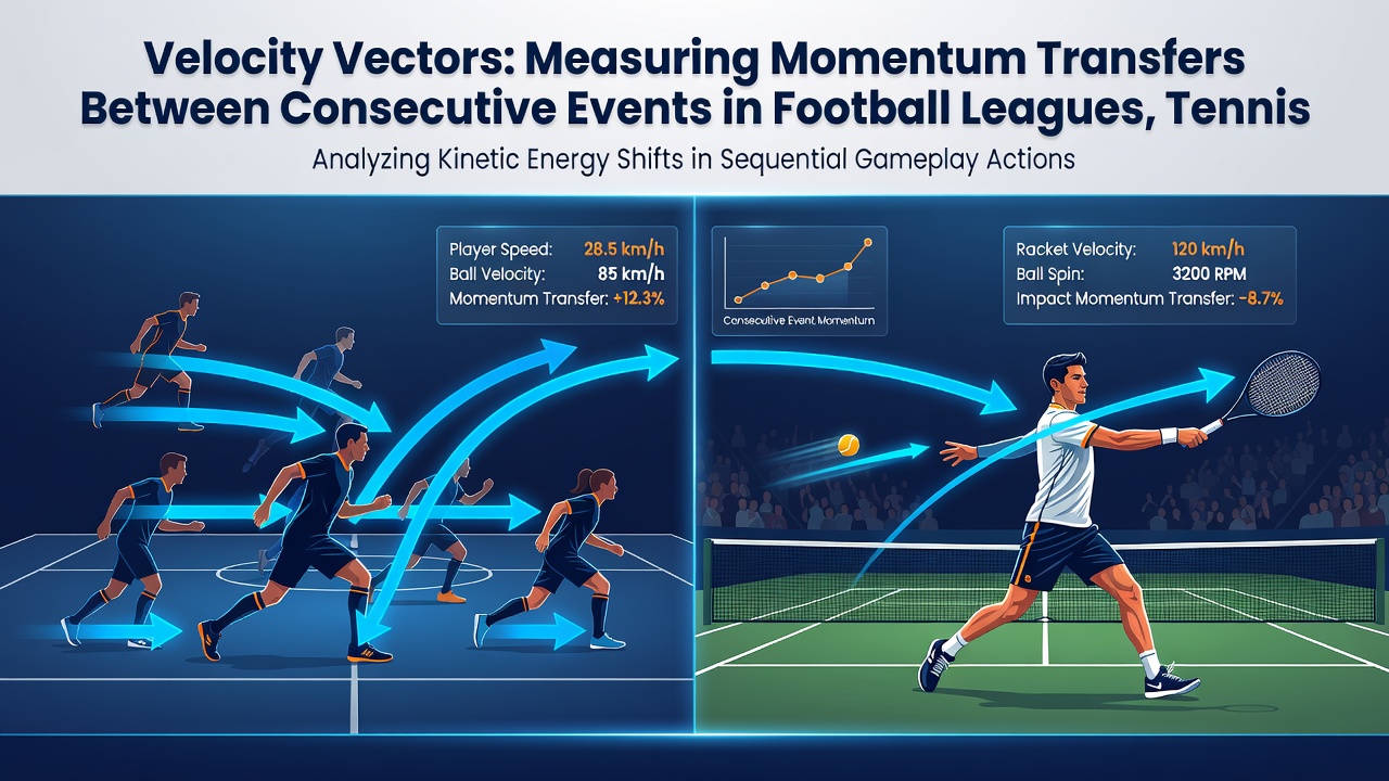 Data charts showing momentum vector calculations across consecutive tennis matches, football fixtures, and racing starts