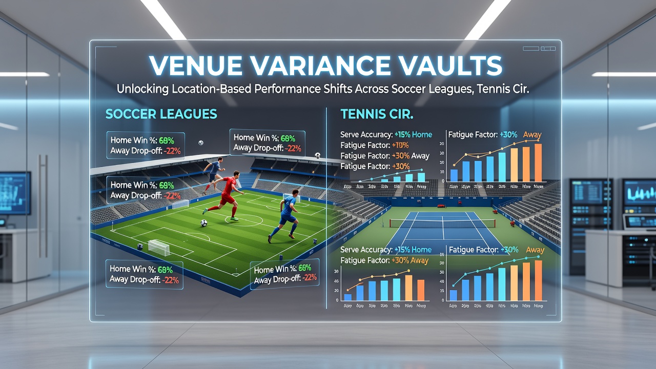 Comparative venue data charts across soccer pitches, tennis courts, and racing tracks